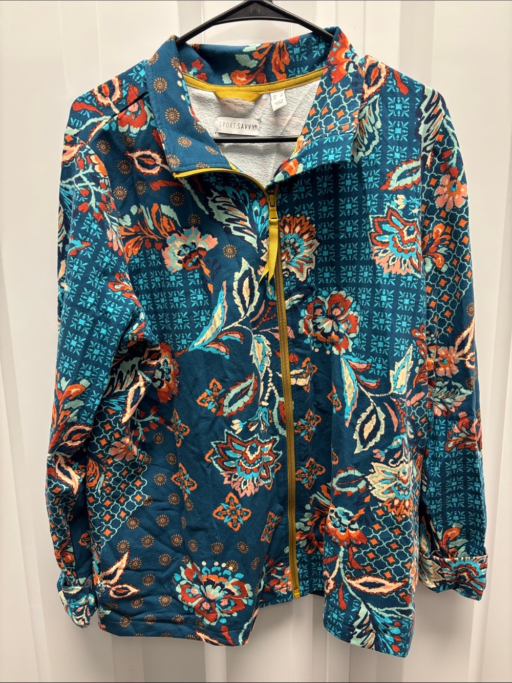 QVC Teal Floral Zip-Front Sweatshirt with Orange Accents